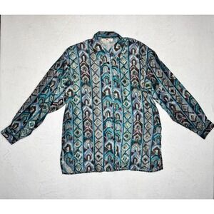 Vintage Stunt 100% Silk Geometric patern Button Up Long Sleeve Blouse Women XL
